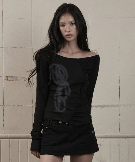 ONE-SHOULDER SHIRRING LONG SLEEVE (BLACK)