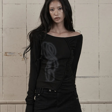 ONE-SHOULDER SHIRRING LONG SLEEVE (BLACK)