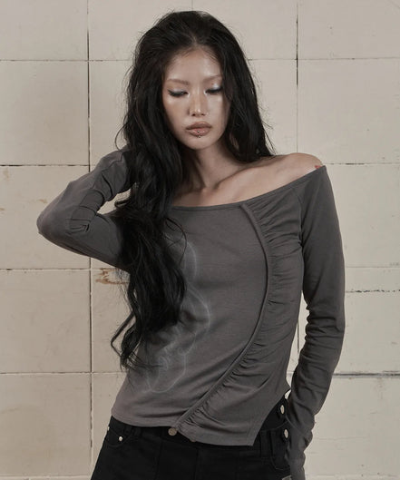 ONE-SHOULDER SHIRRING LONG SLEEVE (CHARCOAL)