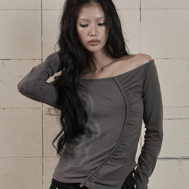 ONE-SHOULDER SHIRRING LONG SLEEVE (CHARCOAL)