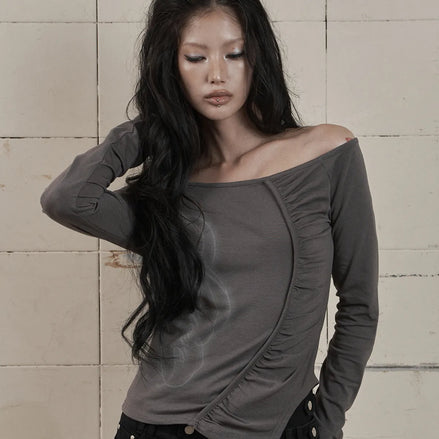 ONE-SHOULDER SHIRRING LONG SLEEVE (CHARCOAL)