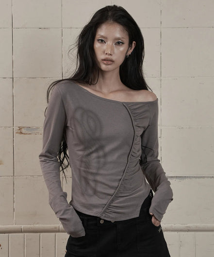 ONE-SHOULDER SHIRRING LONG SLEEVE (GREY)