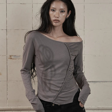 ONE-SHOULDER SHIRRING LONG SLEEVE (GREY)