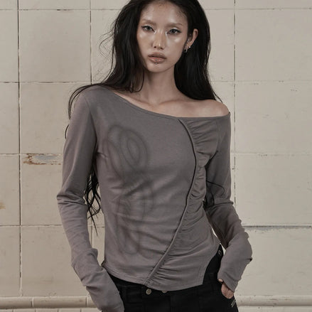 ONE-SHOULDER SHIRRING LONG SLEEVE (GREY)