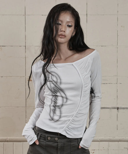 ONE-SHOULDER SHIRRING LONG SLEEVE (WHITE)