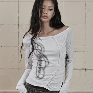 ONE-SHOULDER SHIRRING LONG SLEEVE (WHITE)