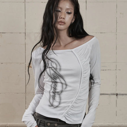 ONE-SHOULDER SHIRRING LONG SLEEVE (WHITE)