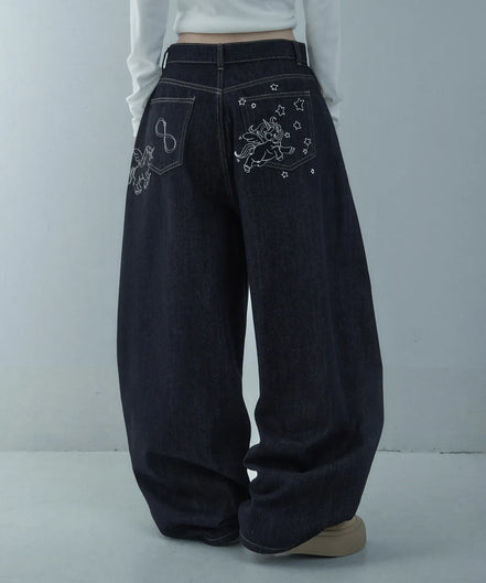 STAR UNICORN GRAPHIC WIDE DENIM PANTS (RAW NAVY)