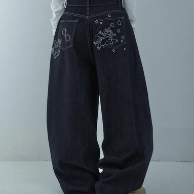 STAR UNICORN GRAPHIC WIDE DENIM PANTS (RAW NAVY)