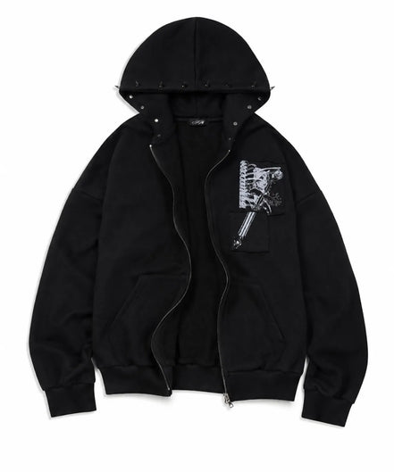 PATCH STUDDED HOOD ZIP-UP (BLACK)
