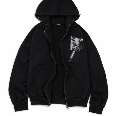 PATCH STUDDED HOOD ZIP-UP (BLACK)