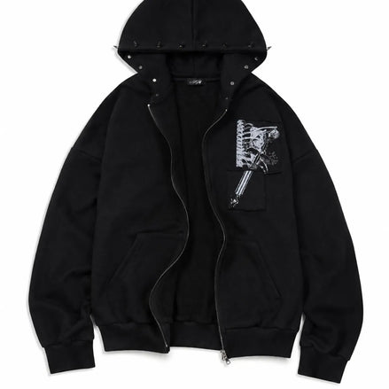 PATCH STUDDED HOOD ZIP-UP (BLACK)