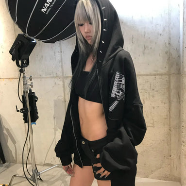 PATCH STUDDED HOOD ZIP-UP (BLACK)