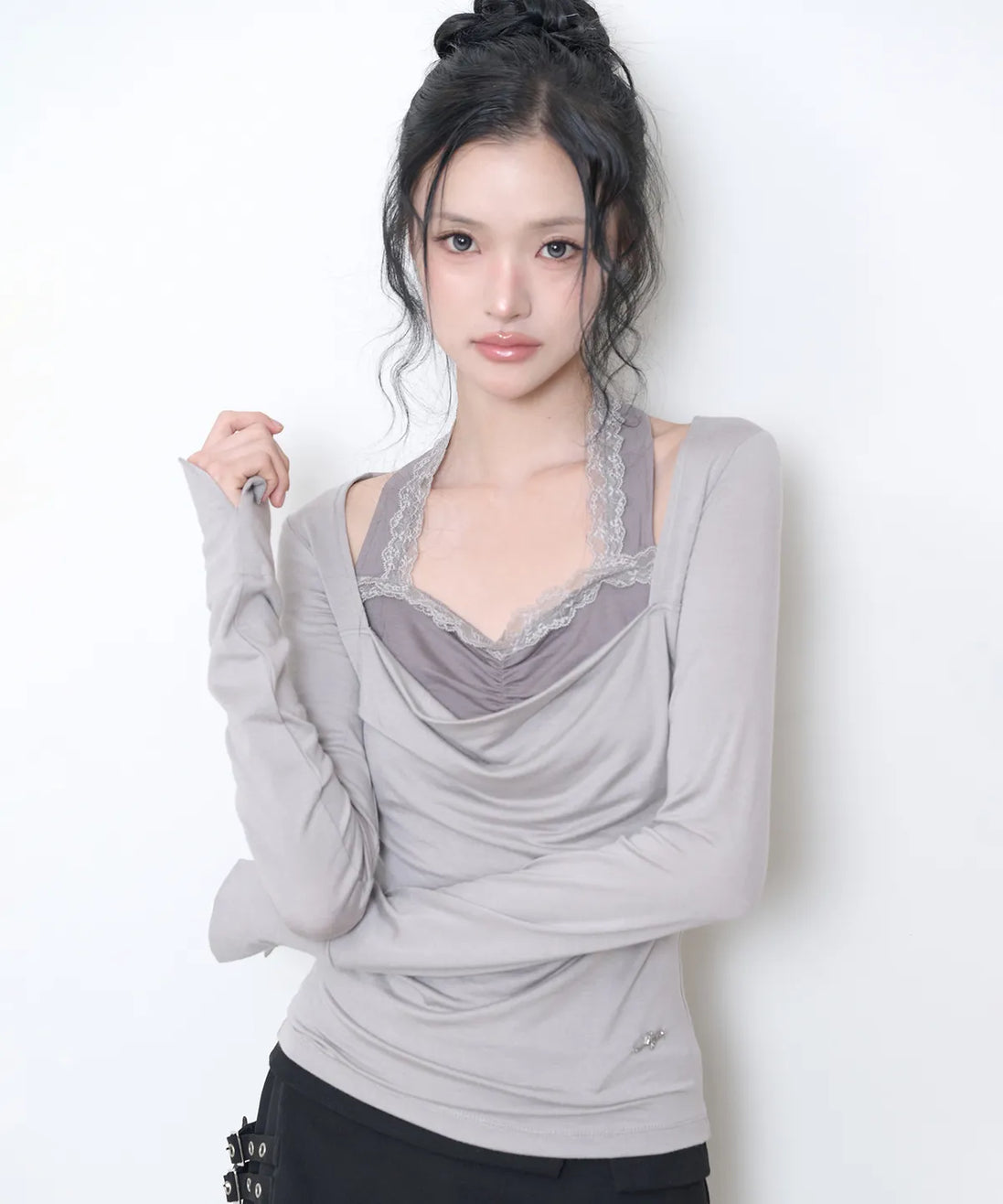 Cowl Lace Long Sleeve (Beige)
