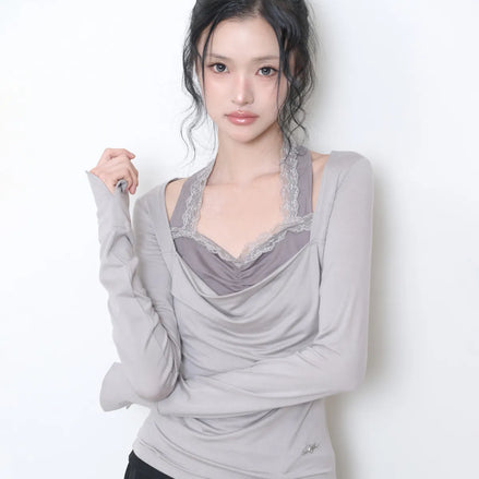 Cowl Lace Long Sleeve (Beige)
