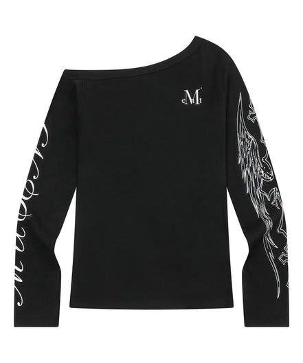 POZEN MIX LETTERING SLIM ONE SHOULDER LONG SLEEVE T