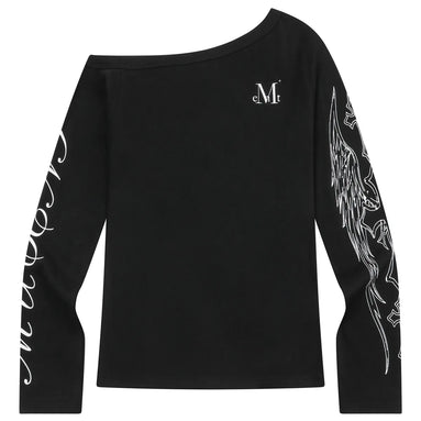 POZEN MIX LETTERING SLIM ONE SHOULDER LONG SLEEVE T