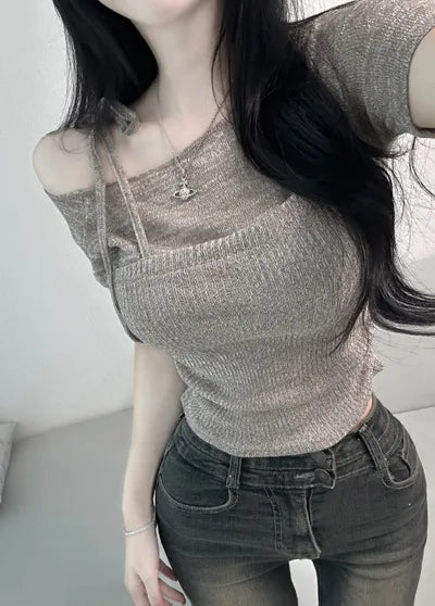 Two layers off shoulder knit (4 Colors)