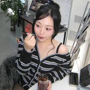 ONE OFF SHOULDER STRIPE WOOL BLENDED CARDIGAN (BLACK)