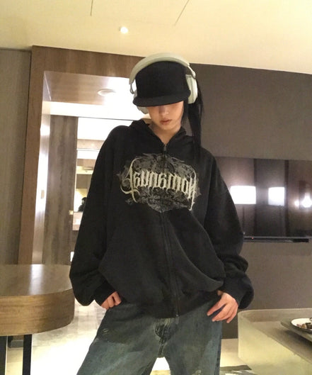 [ahyeon同款] DARK CREST HOODED ZIP-UP (WASHED BLACK)