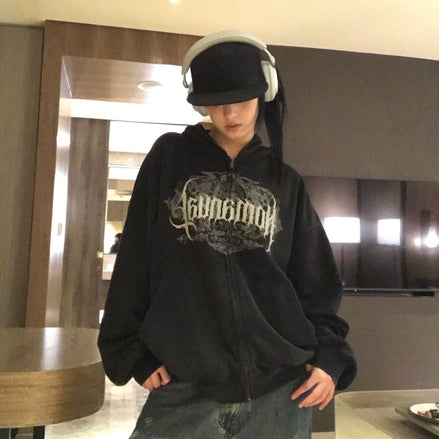 [ahyeon同款] DARK CREST HOODED ZIP-UP (WASHED BLACK)