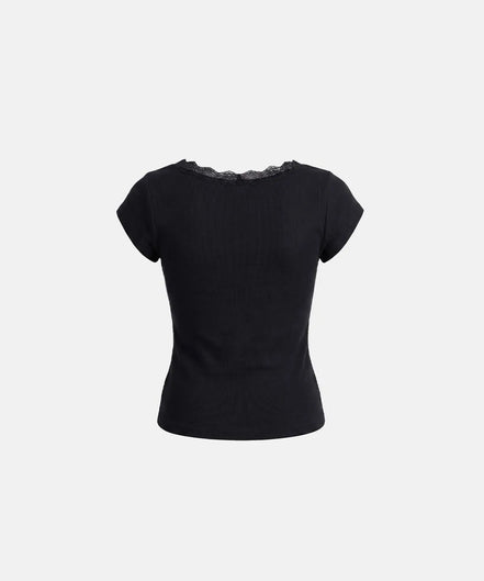 Loyal Cross Lace Neck 1/2 Henley T-shirt (Black)