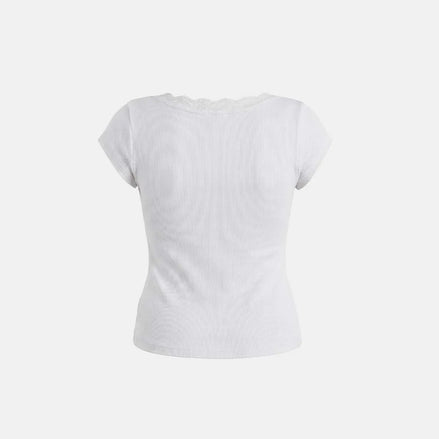 Loyal Cross Lace Neck 1/2 Henley T-shirt (White)