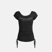 Rhinestone Emblem Lace Deep Round 1/2 T-Shirt (Black)