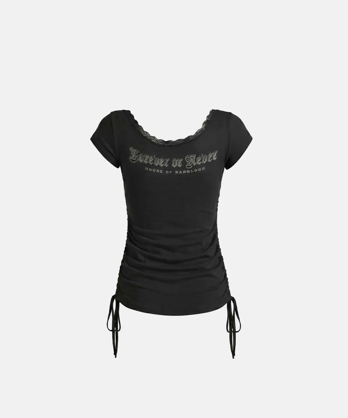 Rhinestone Emblem Lace Deep Round 1/2 T-Shirt (Black)