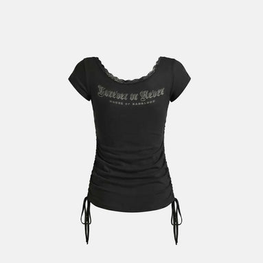 Rhinestone Emblem Lace Deep Round 1/2 T-Shirt (Black)