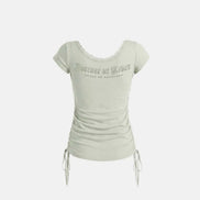 Rhinestone Emblem Lace Deep Round 1/2 T-Shirt (Green)