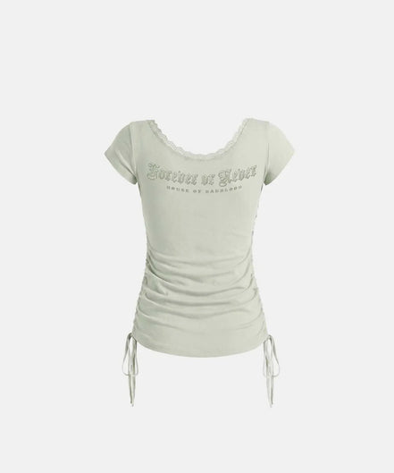 Rhinestone Emblem Lace Deep Round 1/2 T-Shirt (Green)