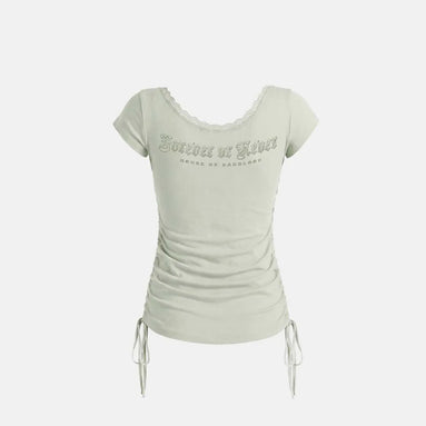 Rhinestone Emblem Lace Deep Round 1/2 T-Shirt (Green)
