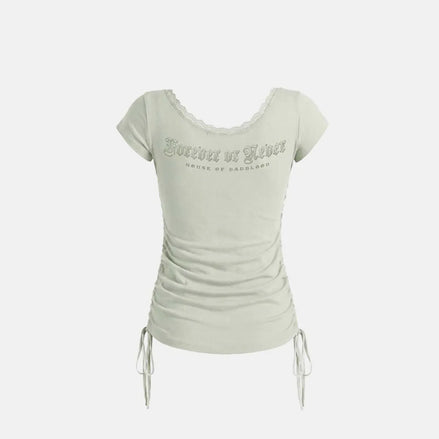 Rhinestone Emblem Lace Deep Round 1/2 T-Shirt (Green)