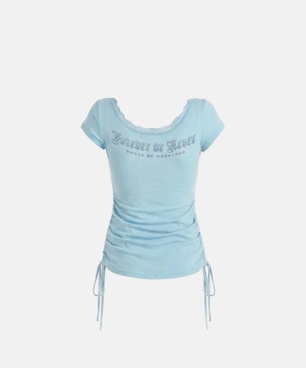 Rhinestone Emblem Lace Deep Round 1/2 T-Shirt (Mint)