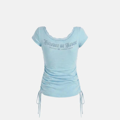 Rhinestone Emblem Lace Deep Round 1/2 T-Shirt (Mint)