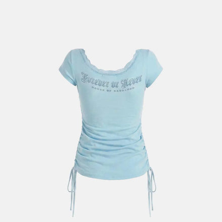 Rhinestone Emblem Lace Deep Round 1/2 T-Shirt (Mint)