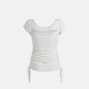 Rhinestone Emblem Lace Deep Round 1/2 T-Shirt (White)