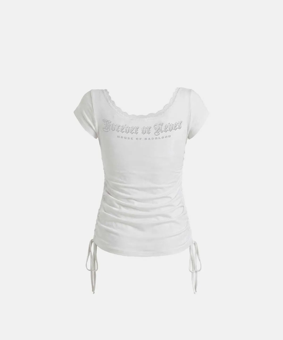 Rhinestone Emblem Lace Deep Round 1/2 T-Shirt (White)