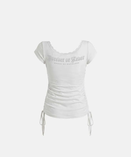 Rhinestone Emblem Lace Deep Round 1/2 T-Shirt (White)