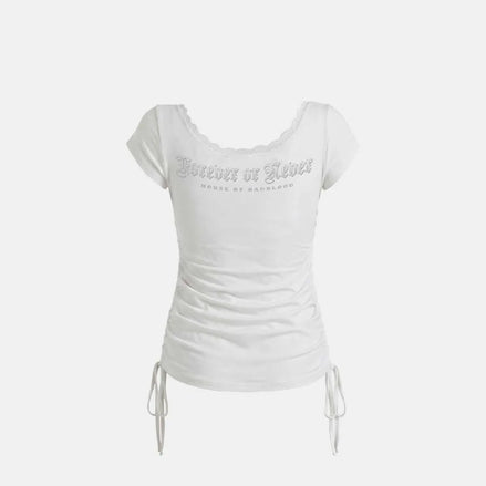 Rhinestone Emblem Lace Deep Round 1/2 T-Shirt (White)