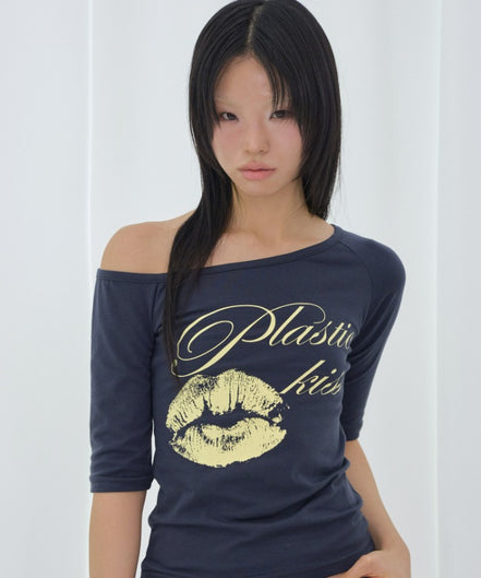PLASTIC KISS ONE-SHOULDER TOP (NAVY)