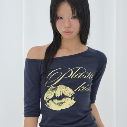 PLASTIC KISS ONE-SHOULDER TOP (NAVY)
