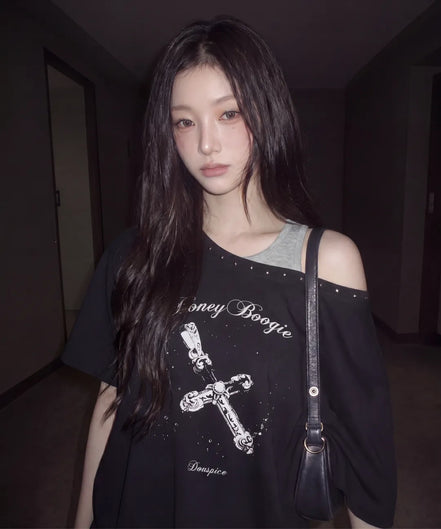 BB Layered One-Shoulder T-Shirt (Black)