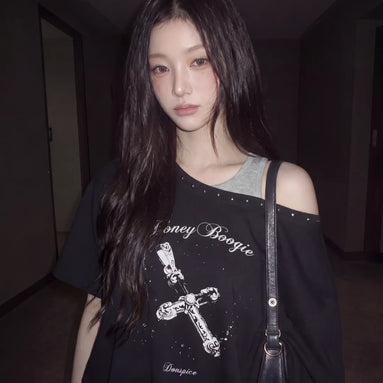 BB Layered One-Shoulder T-Shirt (Black)