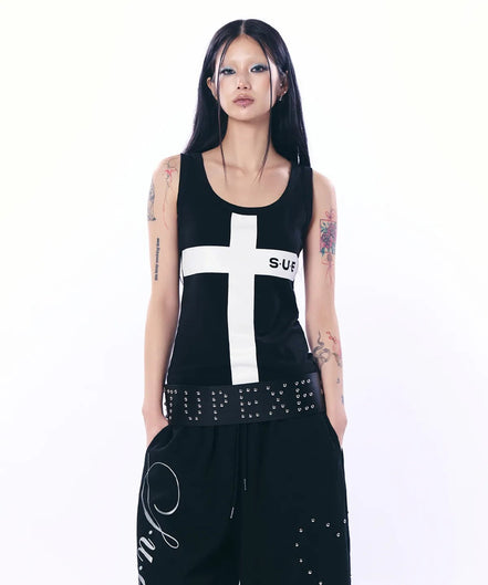 LOGO CROSS SLEEVELESS TOP / BLACK
