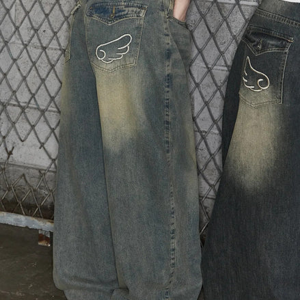 Looxp - Angel Wing Washing Back Pocket Wide Denim (Vintage Medium Blue)