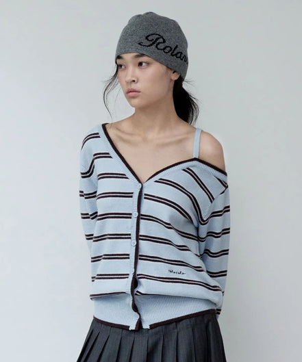 rolarola - ONE OFF SHOULDER STRIPE WOOL BLENDED CARDIGAN (BLUE)