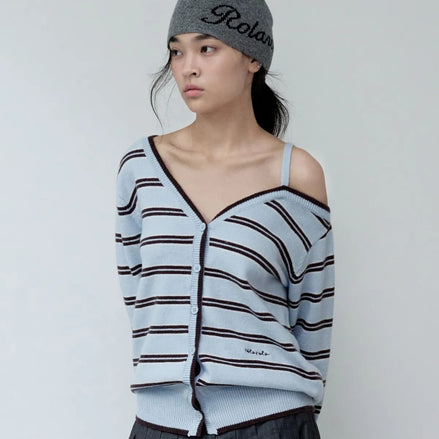 rolarola - ONE OFF SHOULDER STRIPE WOOL BLENDED CARDIGAN (BLUE)