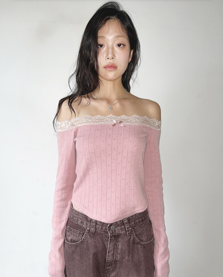 KR RIBBON LACE KNIT OFF SHOULDER TOP (4 COLORS)